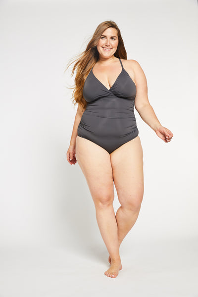 The Tina Ruched Lace-up Back One Piece Swimsuit in Stone Grey