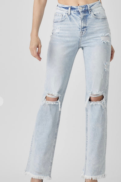 High Rise Light Acid Wash Distressed Straight Leg Jeans