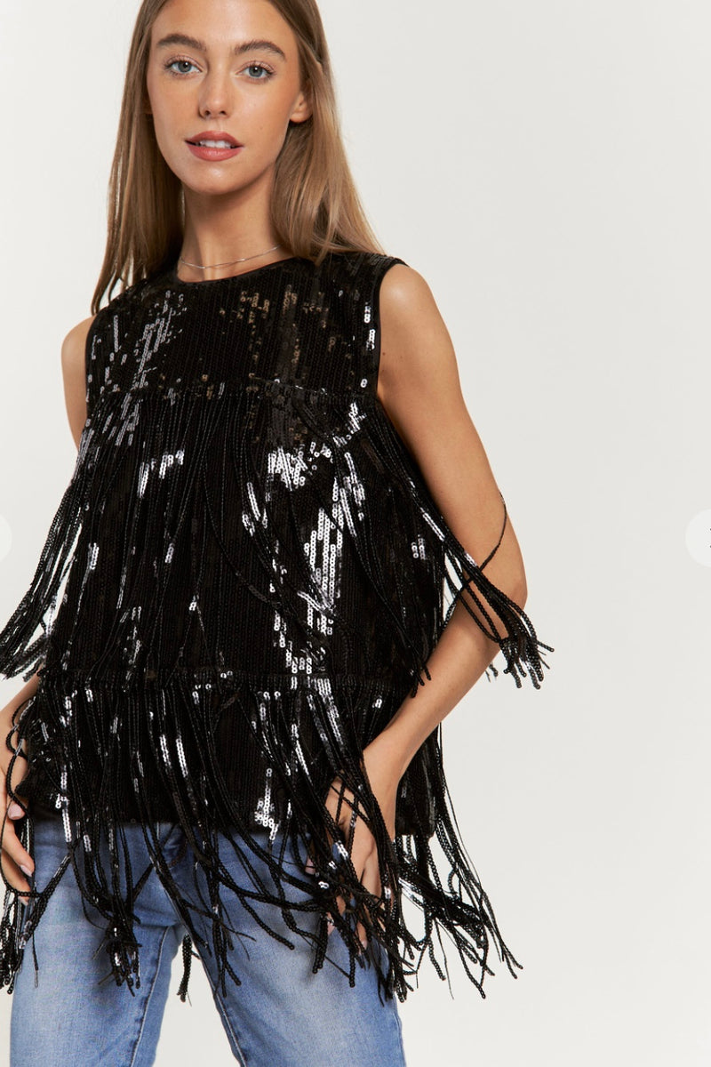 Black plus size sequin fringe tank top