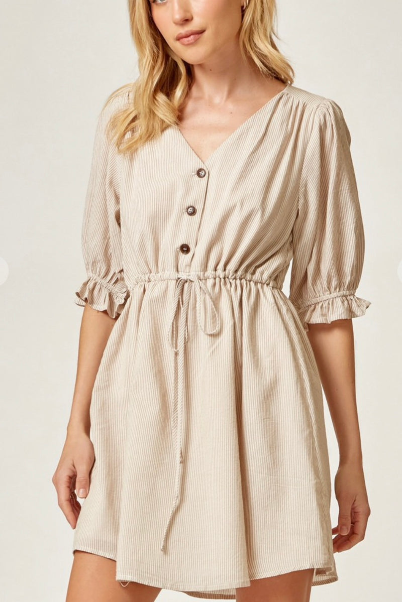 Pinstripe Puff Sleeve Dress