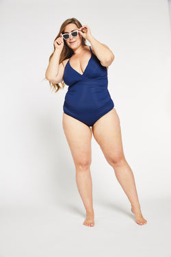 Ruched Lace-up Back One Piece Swimsuit in Ocean Navy