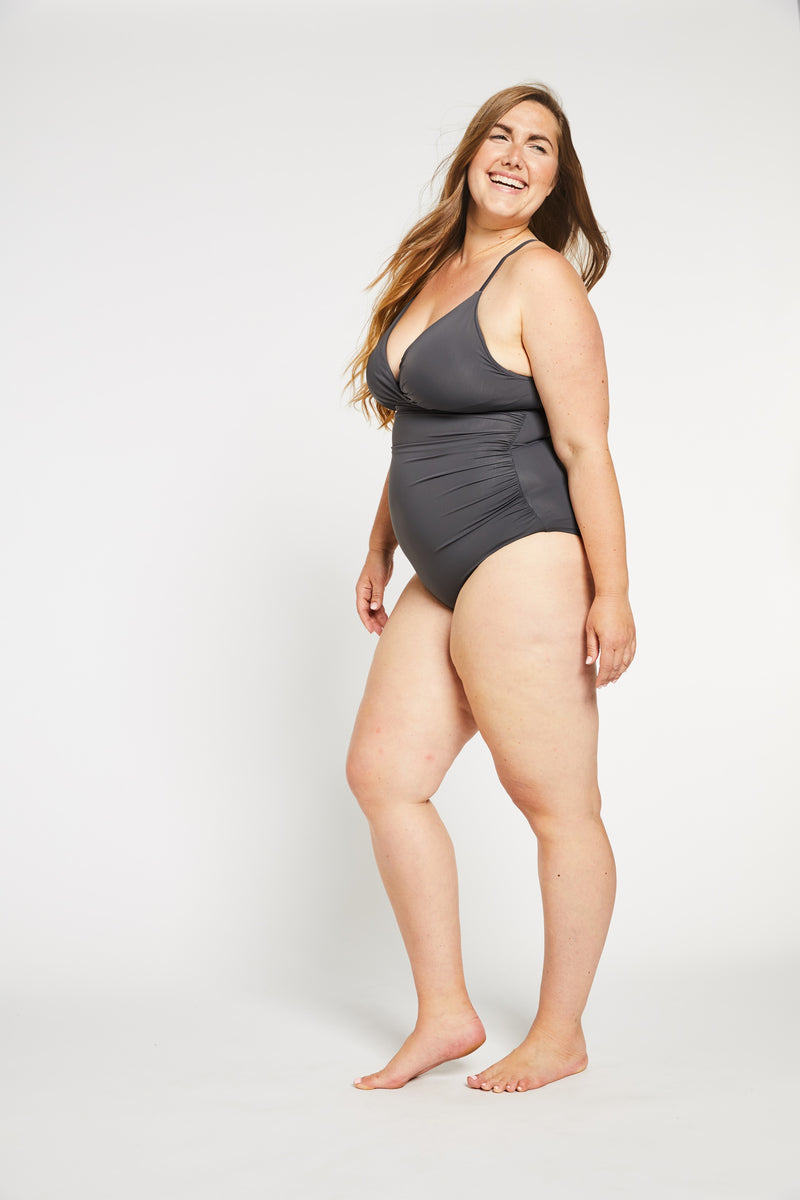Ruched Lace-up Back One Piece Swimsuit in Stone Grey