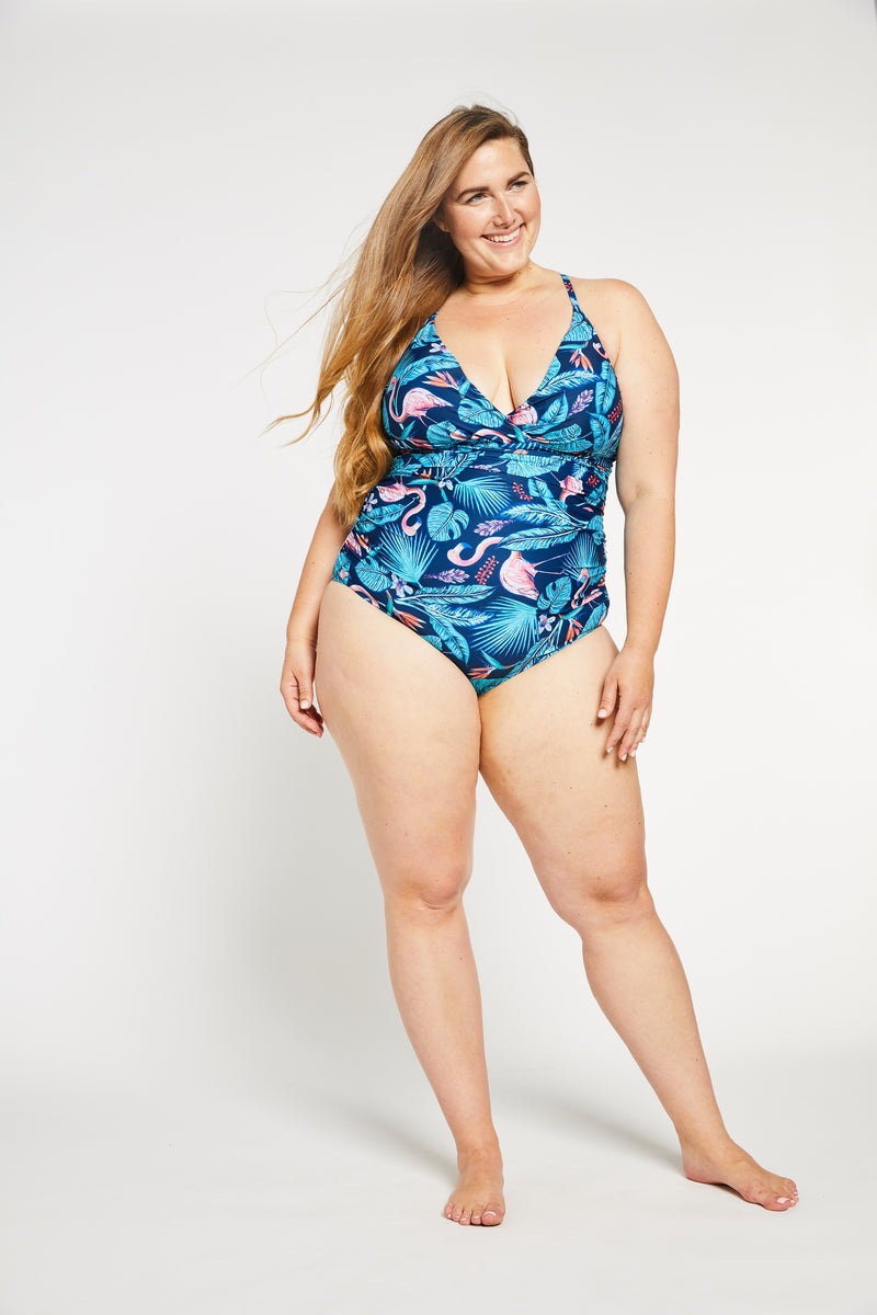 Ruched Lace-up Back One Piece Swimsuit in Tropics