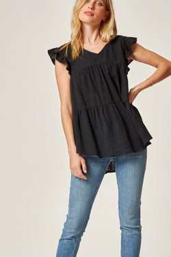 Black| flutter| sleeve| babydoll| top| cotton|