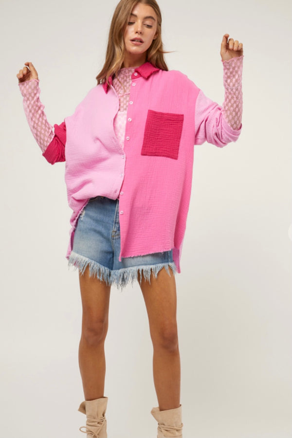 Pink Color Block Cotton Botton Down