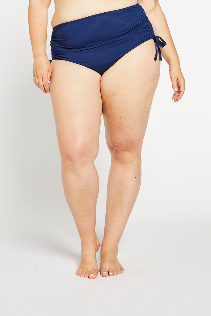 The Sidney Ruched High Waist Bikini Bottom in Ocean Navy
